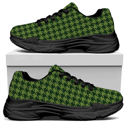 Deep Green Houndstooth Pattern Print Black Chunky Shoes