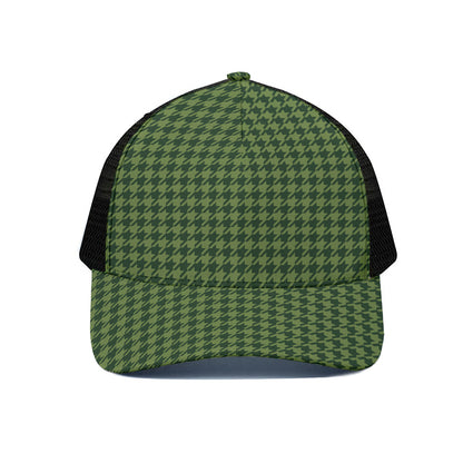 Deep Green Houndstooth Pattern Print Black Mesh Trucker Cap