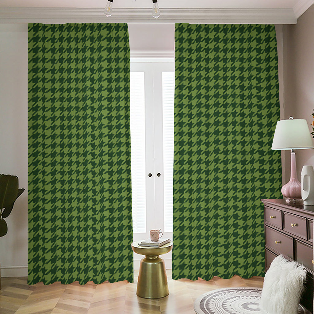 Deep Green Houndstooth Pattern Print Blackout Pencil Pleat Curtains