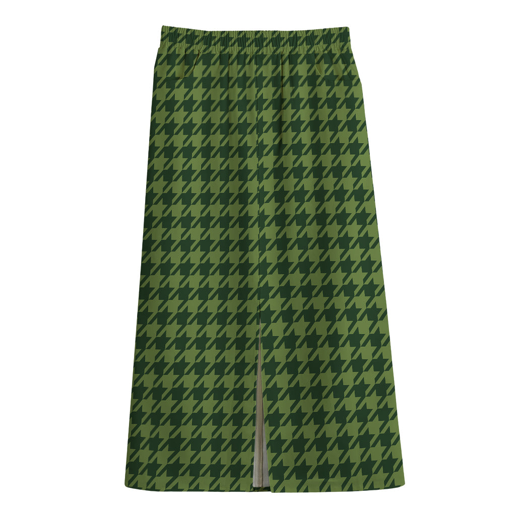 Deep Green Houndstooth Pattern Print Cotton Front Slit Maxi Skirt