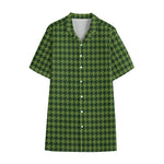 Deep Green Houndstooth Pattern Print Cotton Hawaiian Shirt