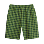 Deep Green Houndstooth Pattern Print Cotton Shorts
