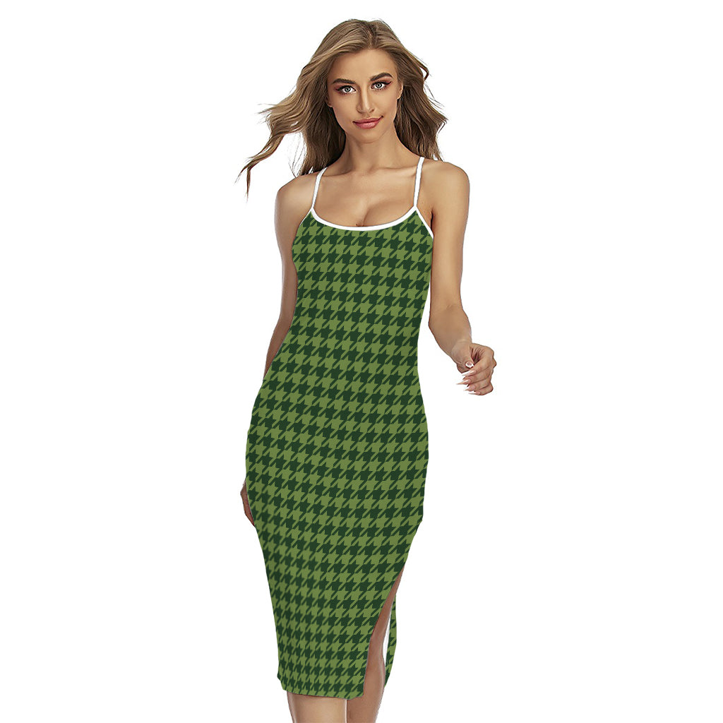 Deep Green Houndstooth Pattern Print Cross Back Cami Dress