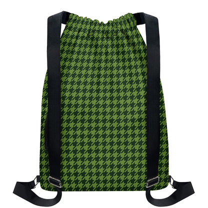 Deep Green Houndstooth Pattern Print Drawstring Backpack