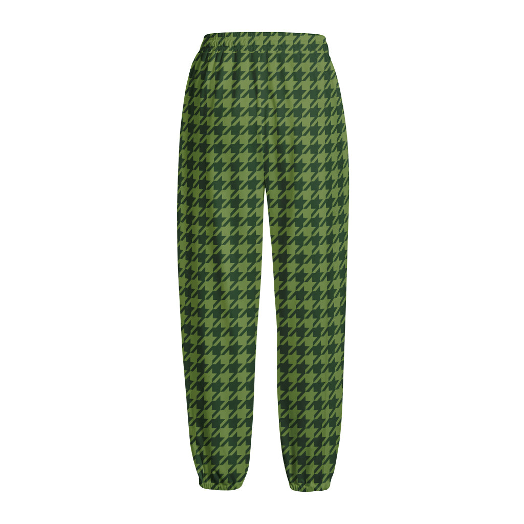 Deep Green Houndstooth Pattern Print Fleece Lined Knit Pants