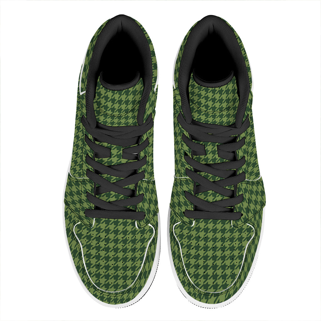 Deep Green Houndstooth Pattern Print High Top Leather Sneakers