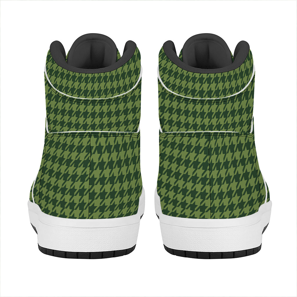 Deep Green Houndstooth Pattern Print High Top Leather Sneakers