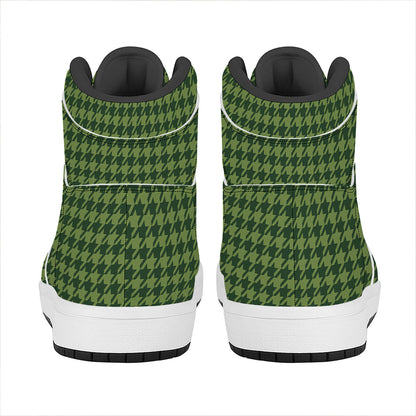 Deep Green Houndstooth Pattern Print High Top Leather Sneakers