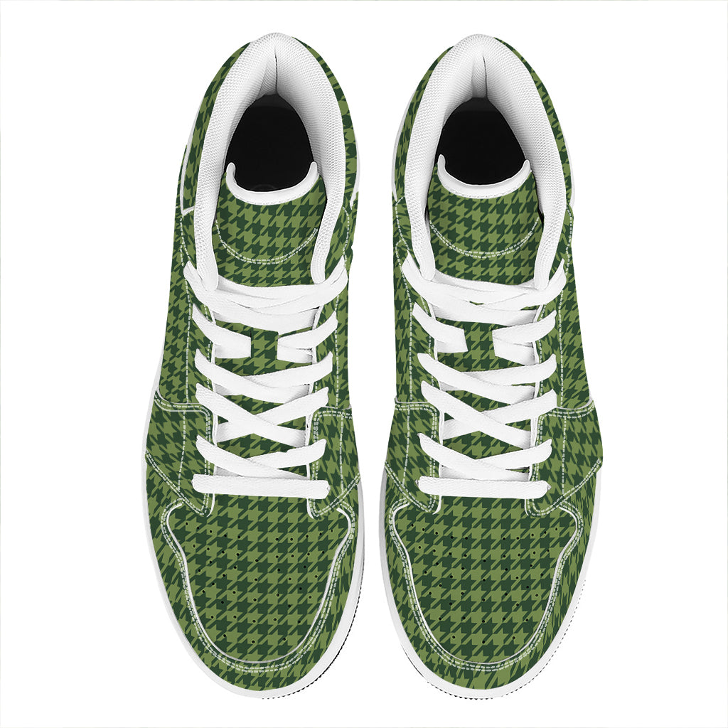 Deep Green Houndstooth Pattern Print High Top Leather Sneakers