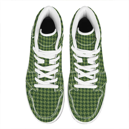 Deep Green Houndstooth Pattern Print High Top Leather Sneakers