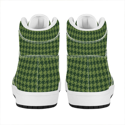 Deep Green Houndstooth Pattern Print High Top Leather Sneakers