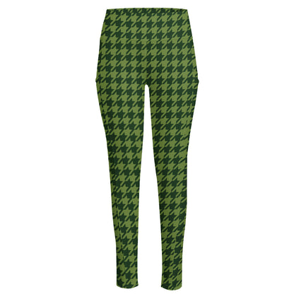 Deep Green Houndstooth Pattern Print High-Waisted Pocket Leggings