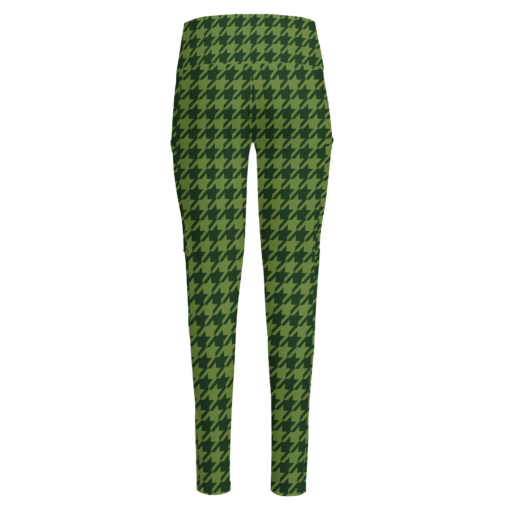 Deep Green Houndstooth Pattern Print High-Waisted Pocket Leggings