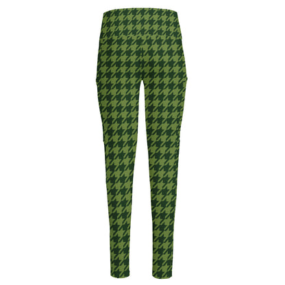 Deep Green Houndstooth Pattern Print High-Waisted Pocket Leggings