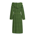 Deep Green Houndstooth Pattern Print Hooded Bathrobe