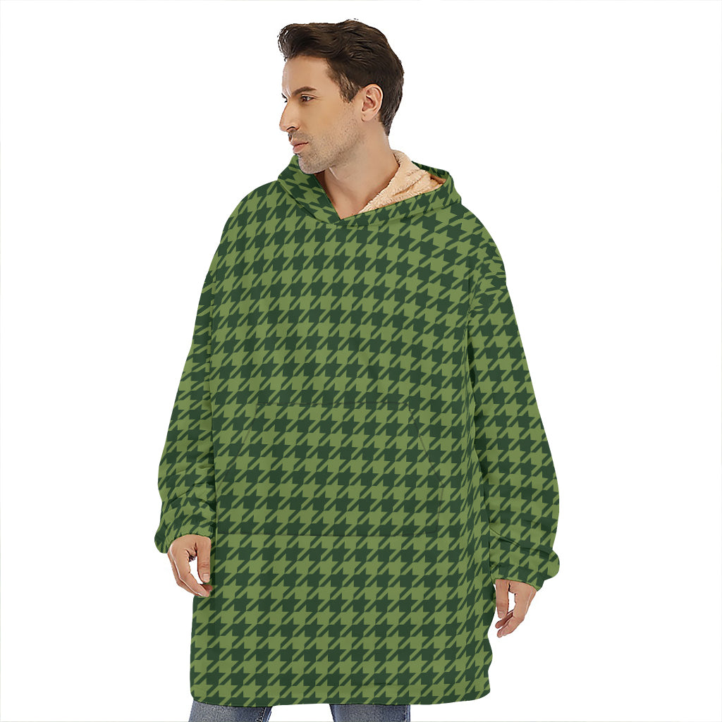 Deep Green Houndstooth Pattern Print Hoodie Blanket