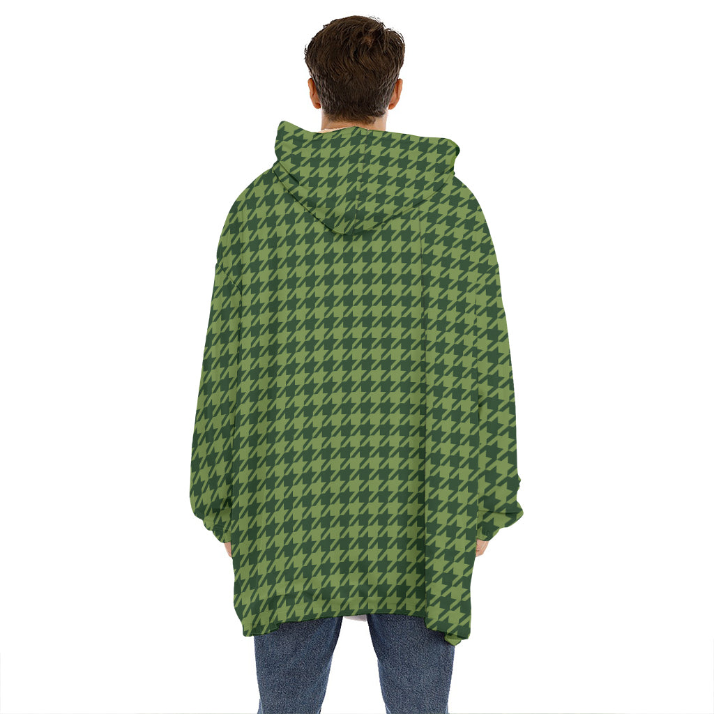 Deep Green Houndstooth Pattern Print Hoodie Blanket