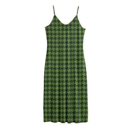 Deep Green Houndstooth Pattern Print Jersey Midi Cami Dress