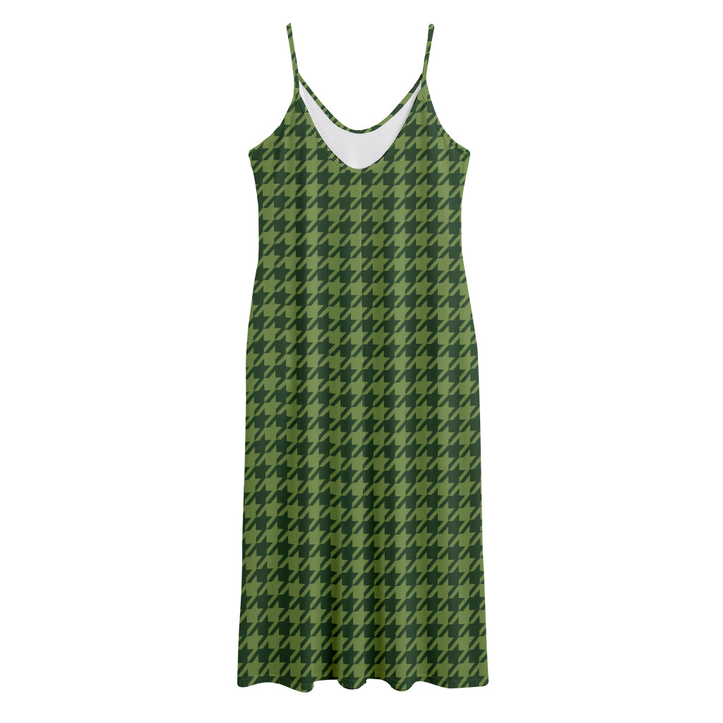 Deep Green Houndstooth Pattern Print Jersey Midi Cami Dress