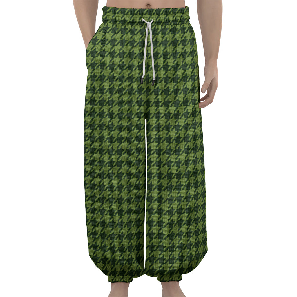 Deep Green Houndstooth Pattern Print Lantern Pants