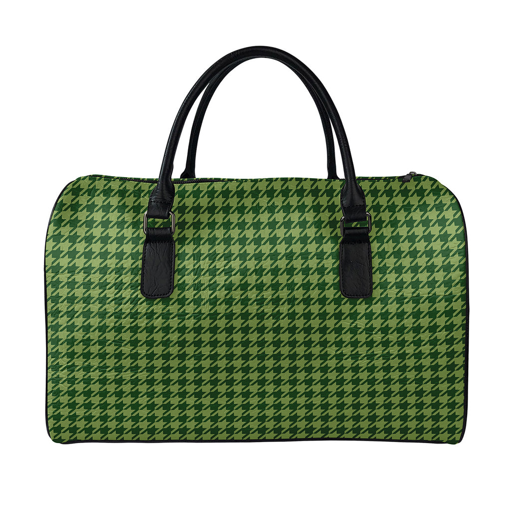 Deep Green Houndstooth Pattern Print Leather Duffle Bag