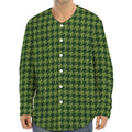 Deep Green Houndstooth Pattern Print Long Sleeve Baseball Jersey