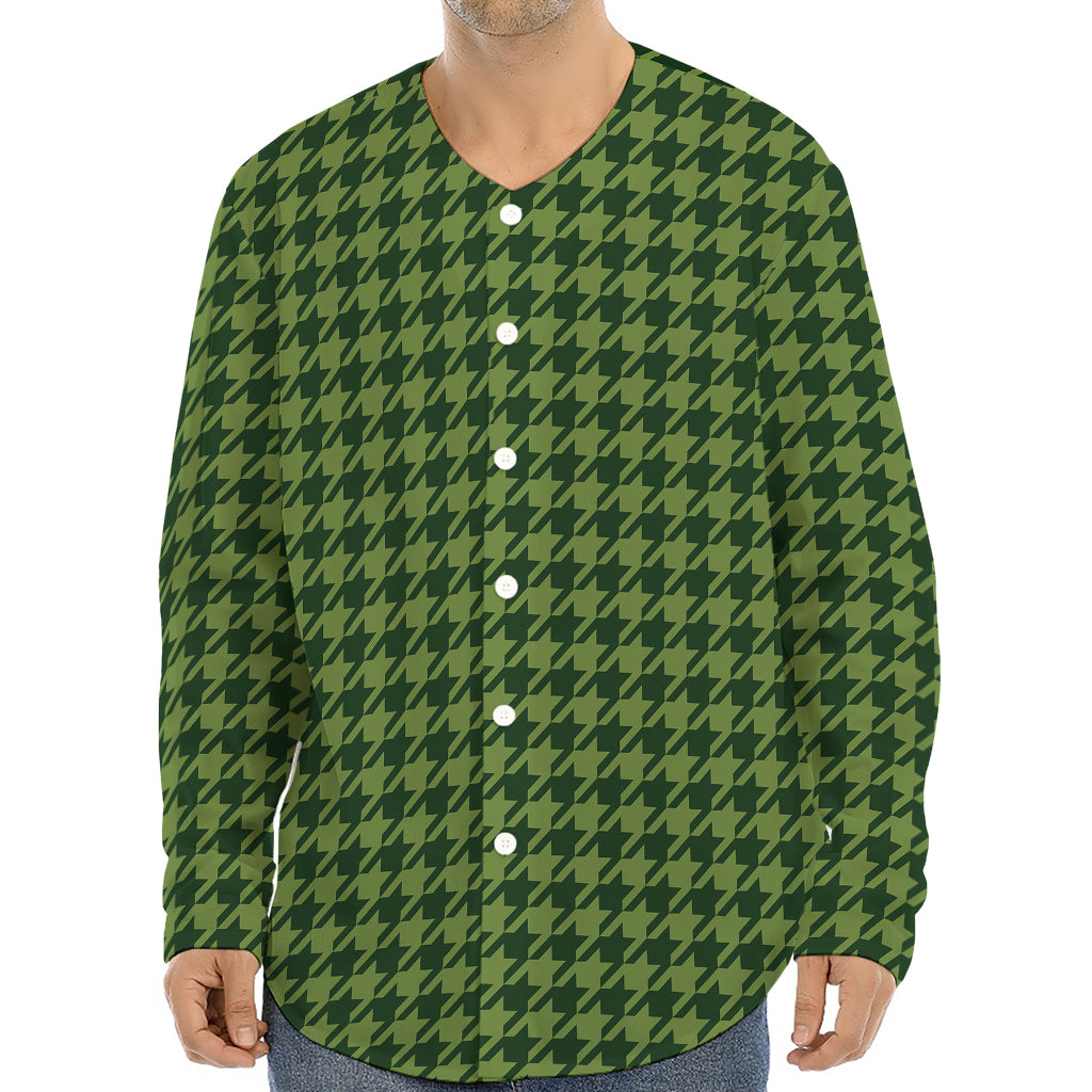 Deep Green Houndstooth Pattern Print Long Sleeve Baseball Jersey