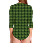Deep Green Houndstooth Pattern Print Long Sleeve Swimsuit