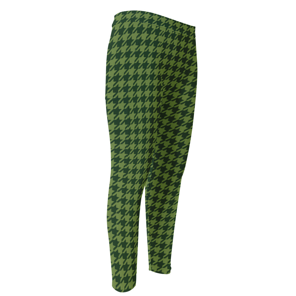 Deep Green Houndstooth Pattern Print Men's Compression Pants