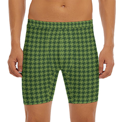Deep Green Houndstooth Pattern Print Men's Long Boxer Briefs