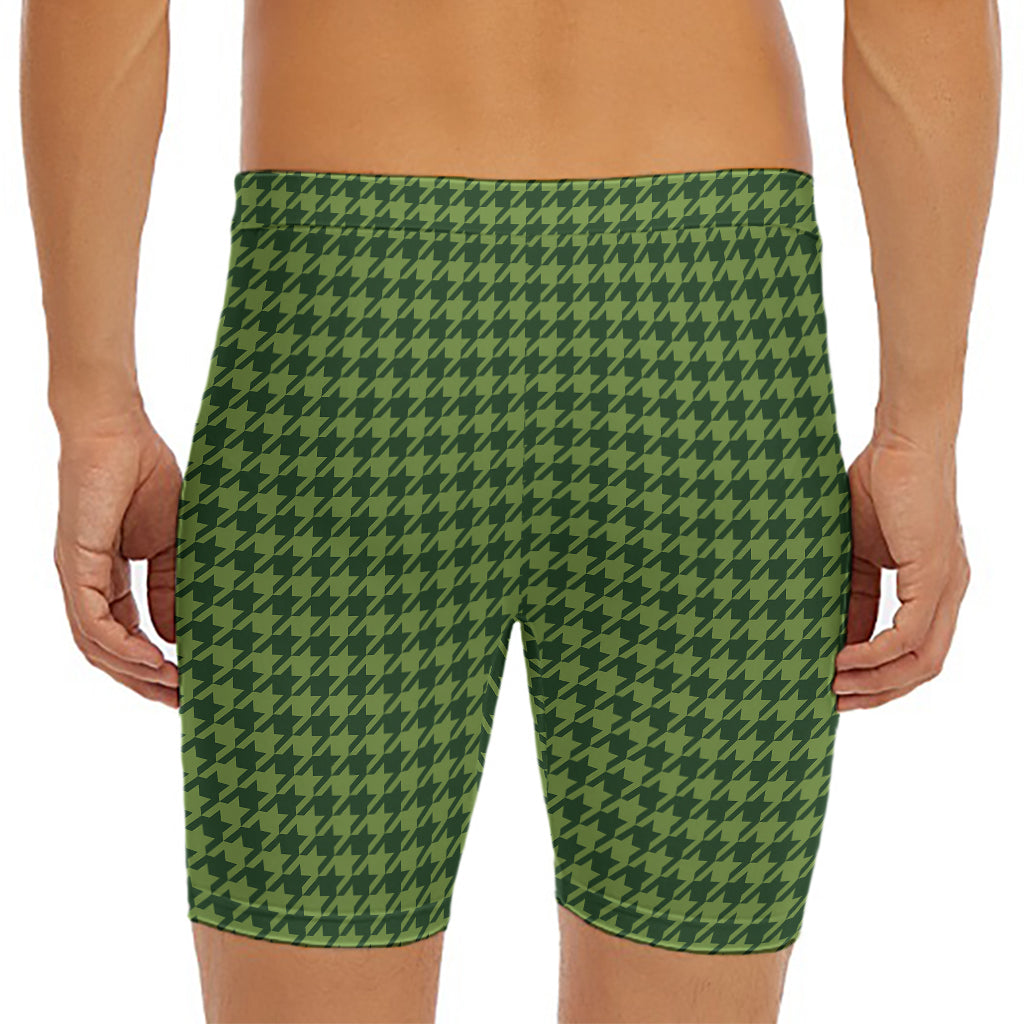 Deep Green Houndstooth Pattern Print Men's Long Boxer Briefs