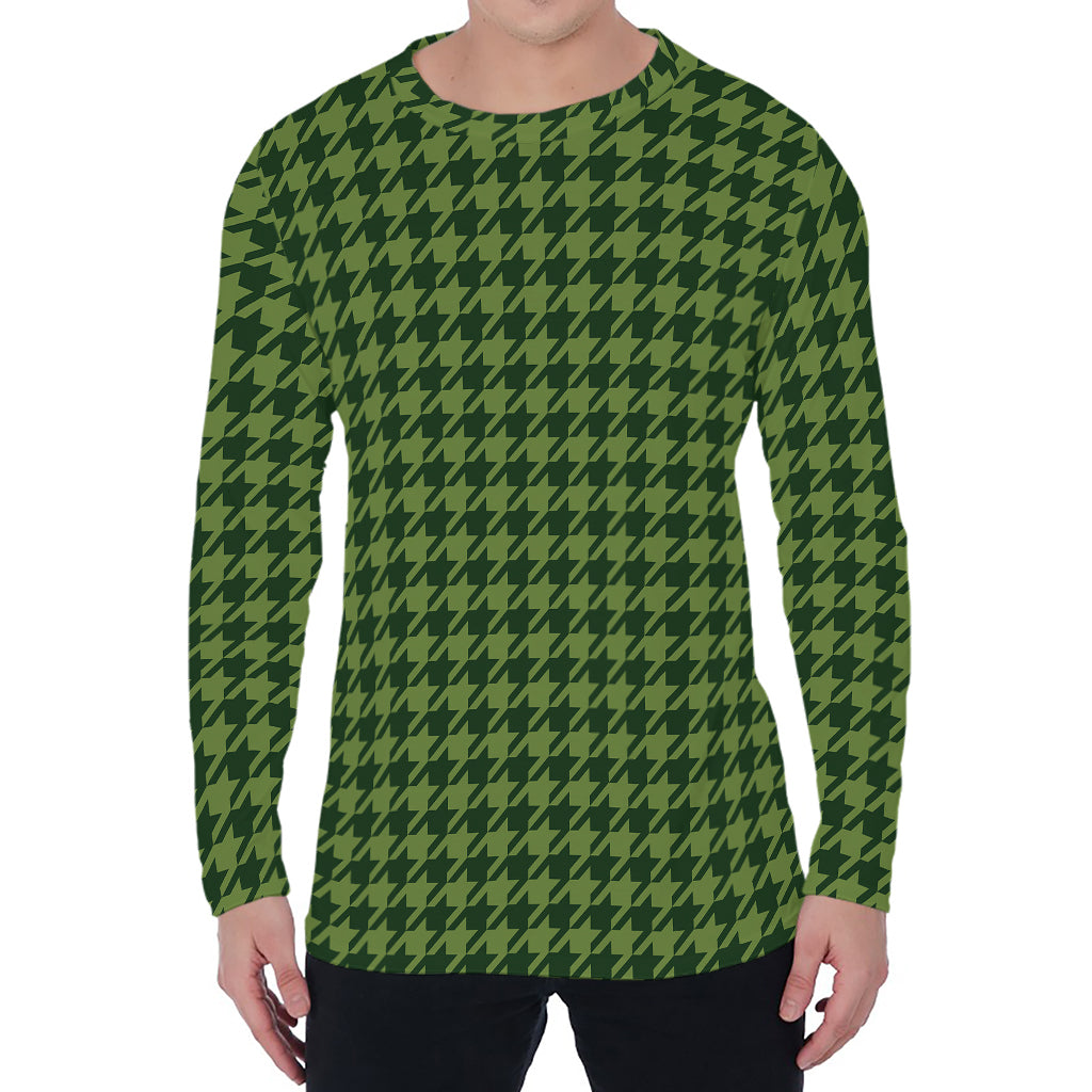 Deep Green Houndstooth Pattern Print Men's Long Sleeve T-Shirt