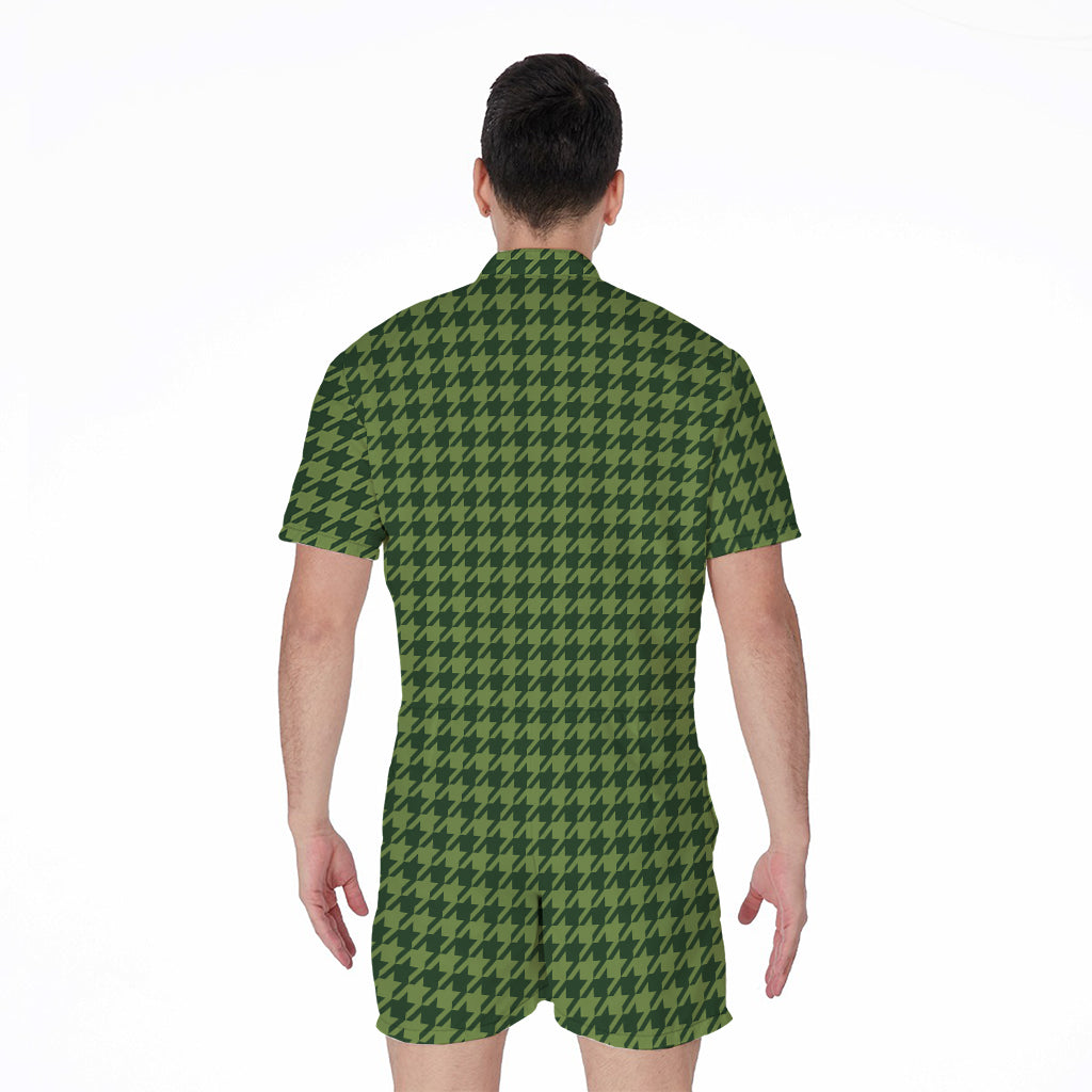 Deep Green Houndstooth Pattern Print Men's Rompers