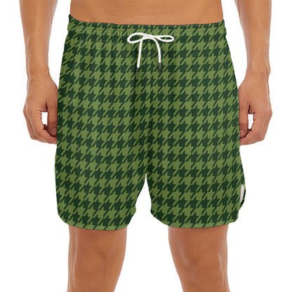 Deep Green Houndstooth Pattern Print Men's Split Running Shorts