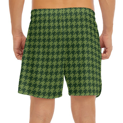 Deep Green Houndstooth Pattern Print Men's Split Running Shorts