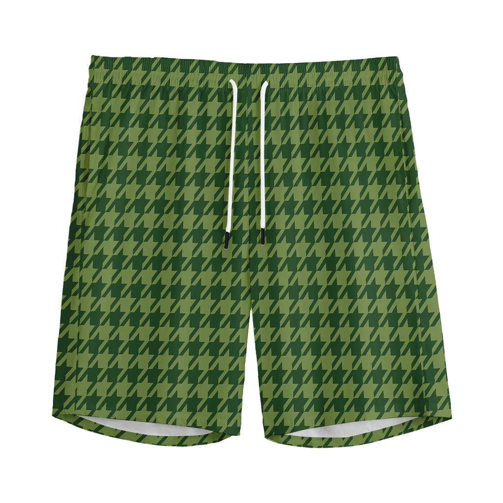Deep Green Houndstooth Pattern Print Men's Sports Shorts
