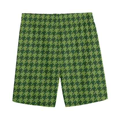 Deep Green Houndstooth Pattern Print Men's Sports Shorts