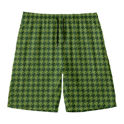 Deep Green Houndstooth Pattern Print Men's Swim Trunks