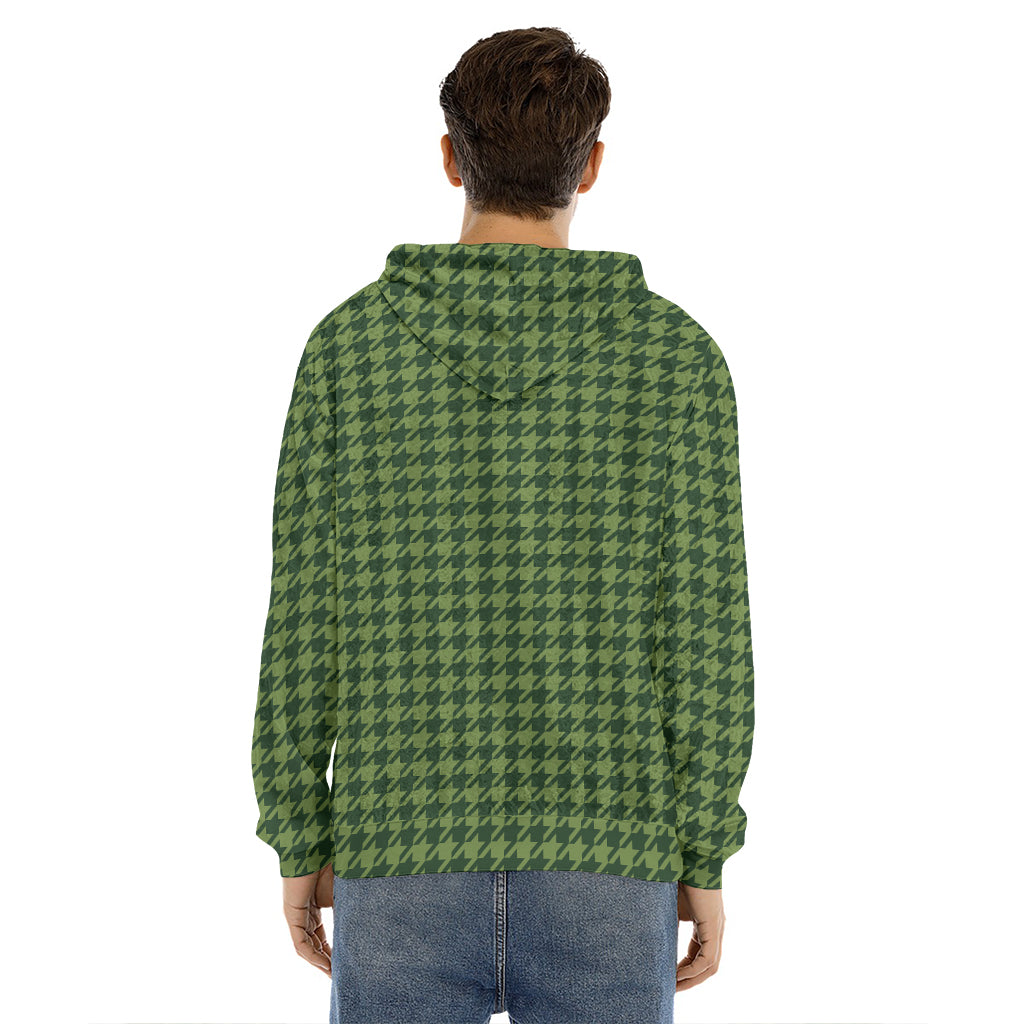 Deep Green Houndstooth Pattern Print Men's Velvet Pullover Hoodie