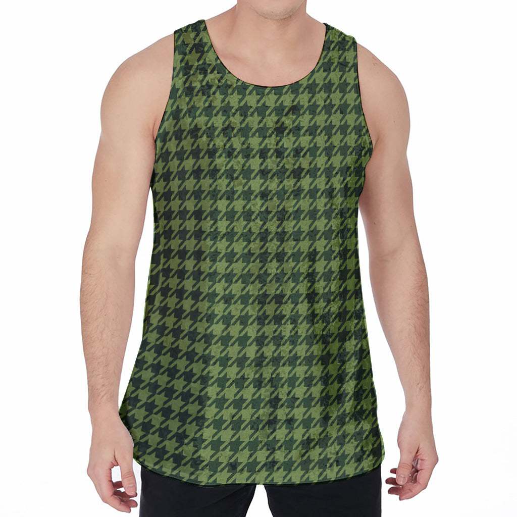 Deep Green Houndstooth Pattern Print Men's Velvet Tank Top