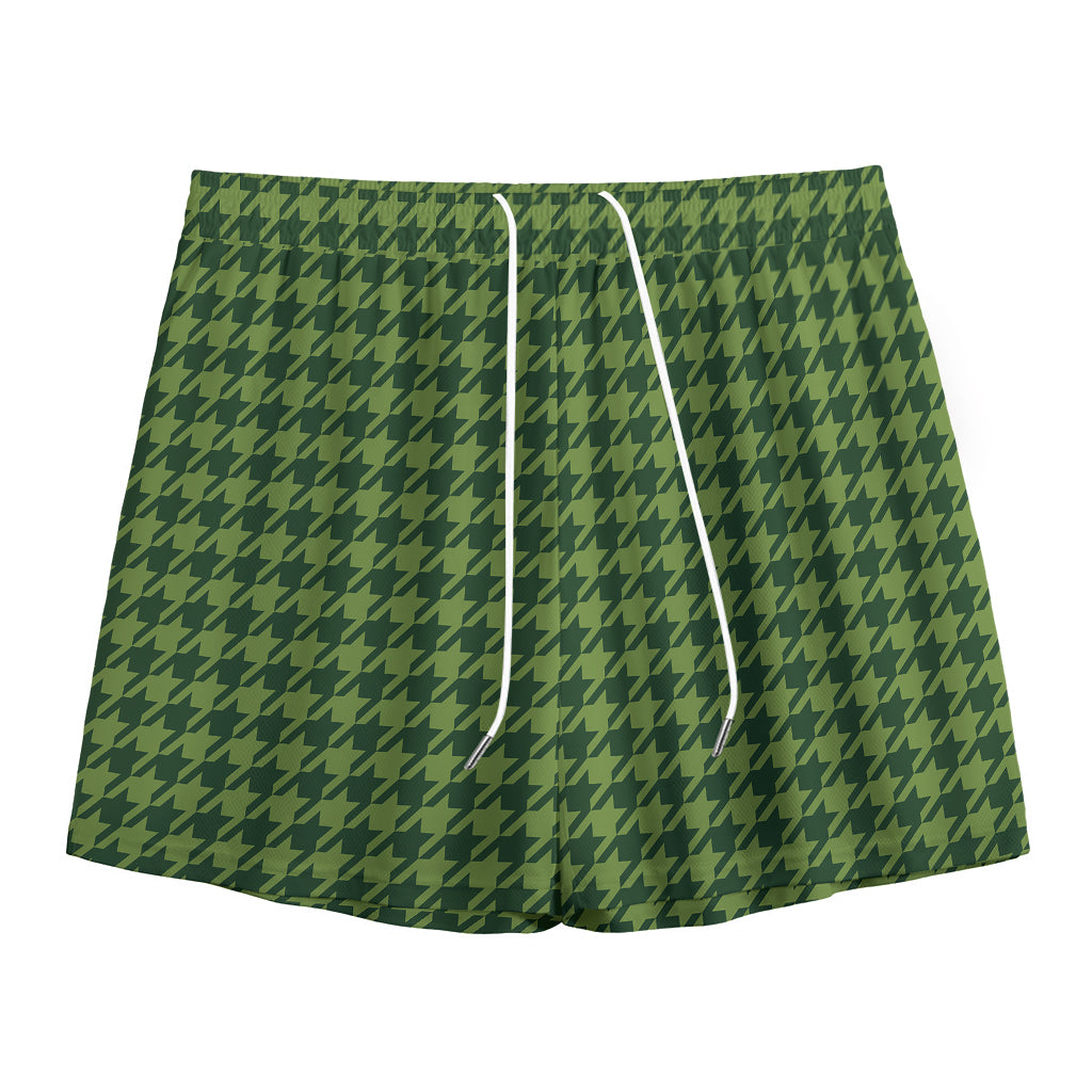Deep Green Houndstooth Pattern Print Mesh Shorts