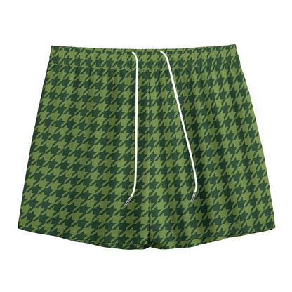 Deep Green Houndstooth Pattern Print Mesh Shorts