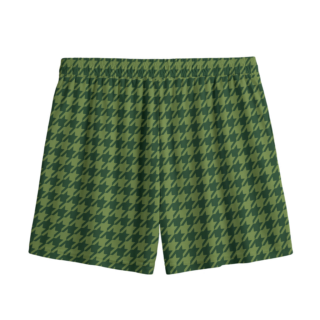 Deep Green Houndstooth Pattern Print Mesh Shorts