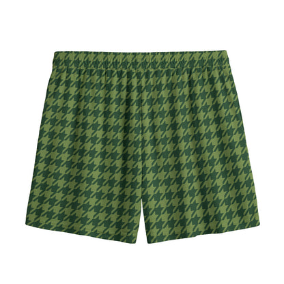Deep Green Houndstooth Pattern Print Mesh Shorts