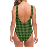 Deep Green Houndstooth Pattern Print One Piece Swimsuit