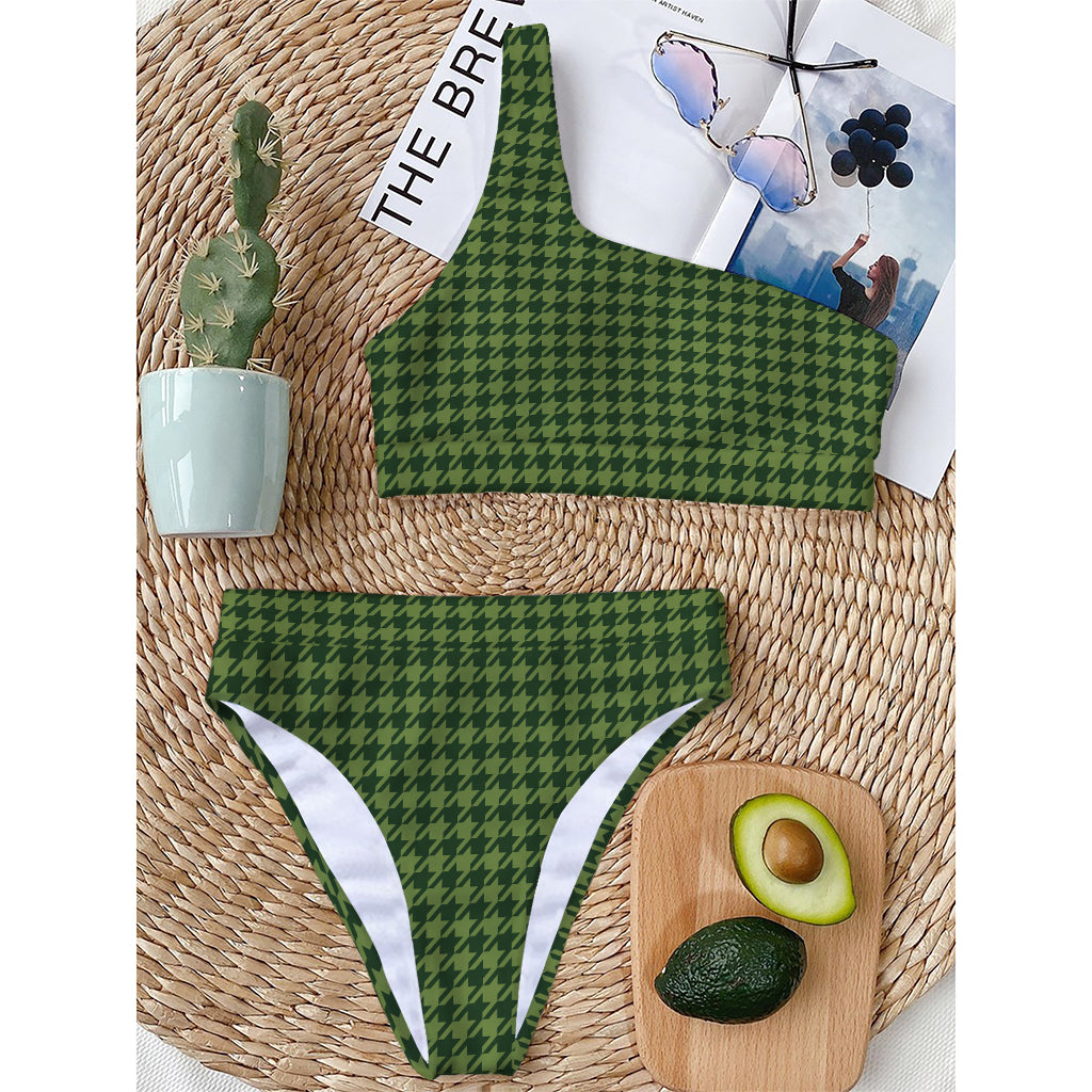 Deep Green Houndstooth Pattern Print One Shoulder Bikini Top