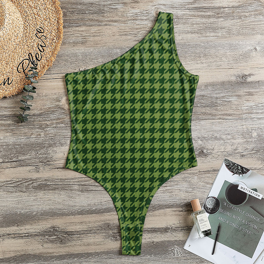 Deep Green Houndstooth Pattern Print One Shoulder Bodysuit