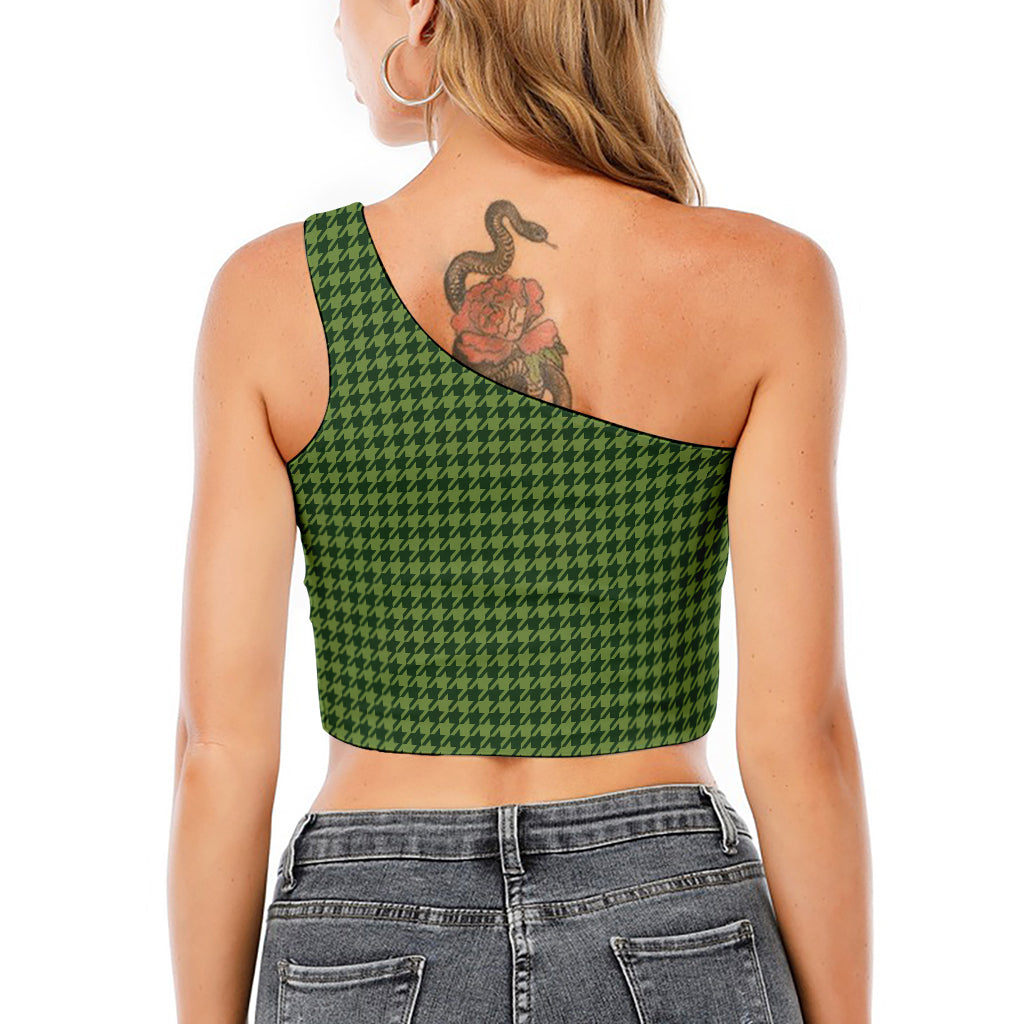 Deep Green Houndstooth Pattern Print One Shoulder Crop Top
