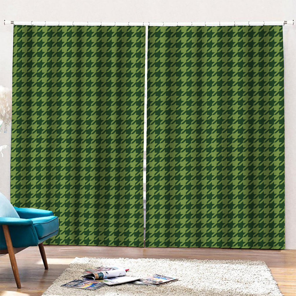 Deep Green Houndstooth Pattern Print Pencil Pleat Curtains