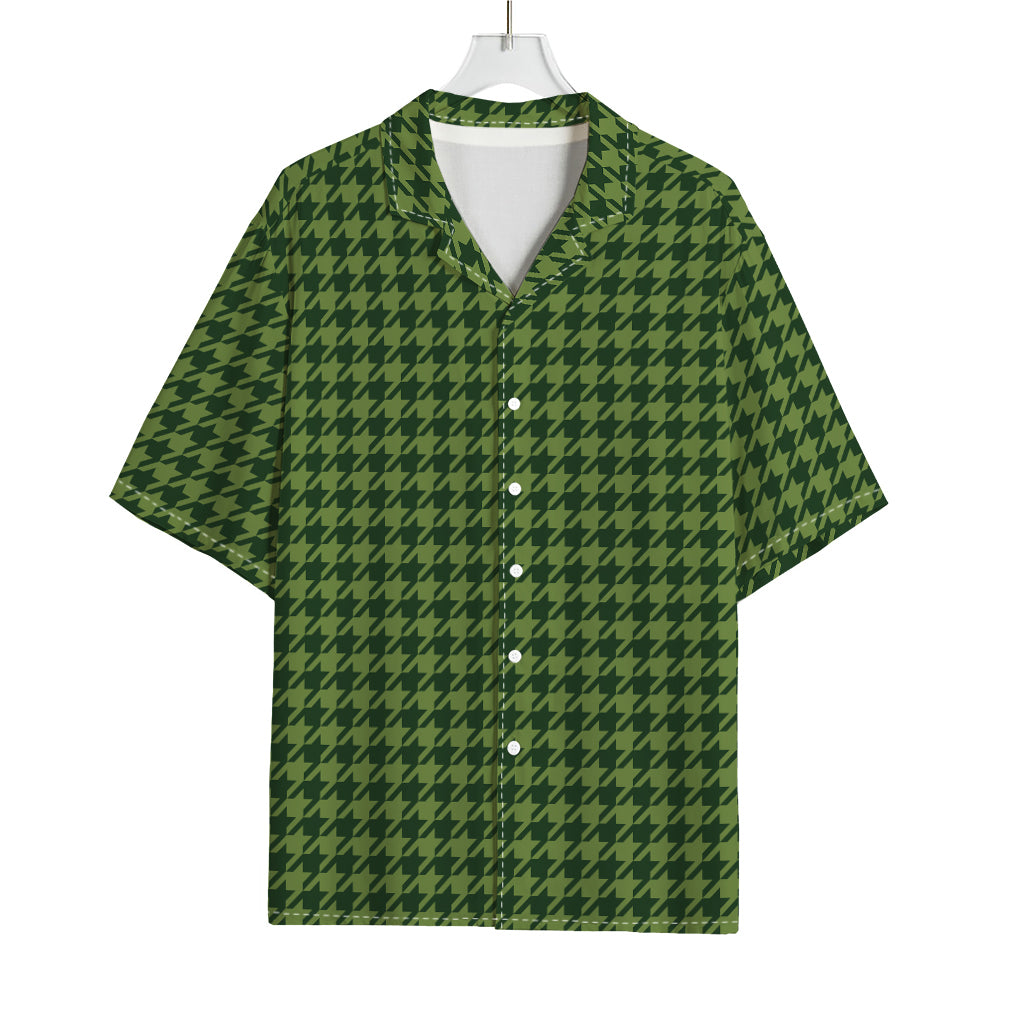 Deep Green Houndstooth Pattern Print Rayon Hawaiian Shirt